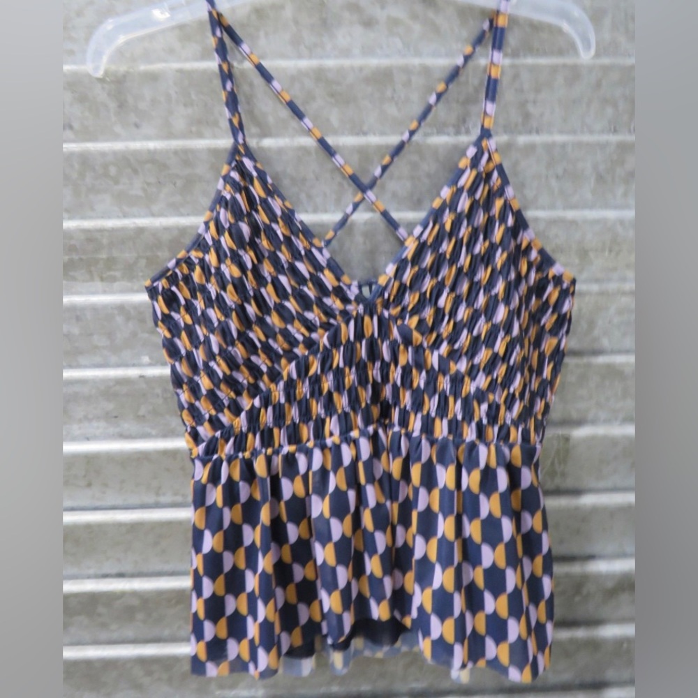 Anthropologie Smocked Geometric Tank Top - Purple & Mustard